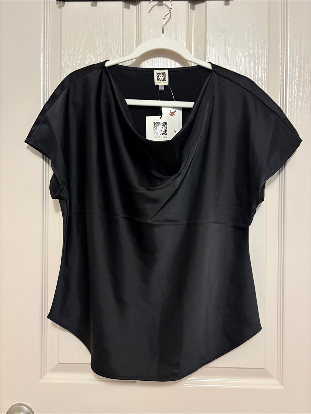 Komarov Black Satin Draped Cowl Neck Blouse